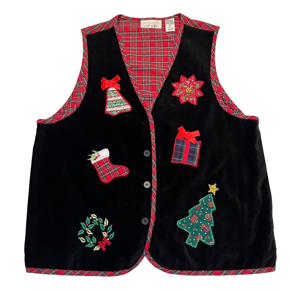 Casey & Max Black Red Plaid Vintage Embroidered Christmas Holiday Vest Size L - Picture 2 of 6